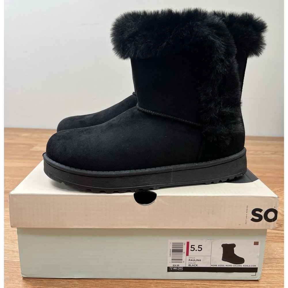 SO Sonoma Paulina Women's Faux Fur Winter Boots in Black, Size 5.5 NEW